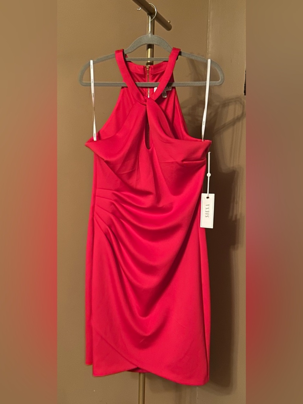 Red Halter Midi Dress with Twist Neckline